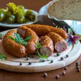Kiełbasa podwawelska na desce z ziołami, obok ogórki i chleb.