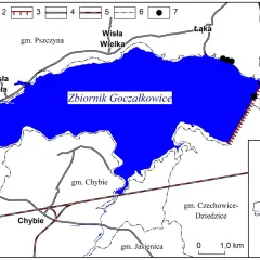 Mapa przedstawia Zbiornik Goczałkowice, otoczony przez gminy Pszczyna, Goczałkowice-Zdrój, Czechowice-Dziedzice i Chybie. Widoczna jest zapora Goczałkowice.