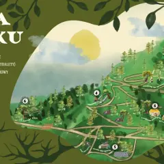 Mapa parku z atrakcjami: kolej, tor sprawnościowy, ślizg, osada olbrzymów, labirynt, wioska czadów, czaderskie pamiątki, tajemnicza studnia. Opinie o parku są pozytywne.