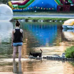 Kobieta z psem w wodzie na zalewie nowohuckim. W tle dmuchane zjeżdżalnie i łódki w kształcie samochodów.