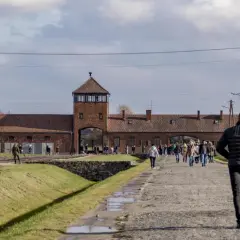 Ludzie spacerują po terenie byłego obozu Auschwitz. To miejsce pamięci, gdzie kiedyś znajdował się obóz zagłady.