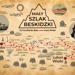 Mapa turystyczna Mały Szlak Beskidzki, 137 km z Bielska-Białej na Luboń Wielki, z zaznaczonymi miejscowościami i atrakcjami.
