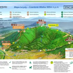 Mapa turystyczna Czantorii z zaznaczonymi szlakami, w tym najładniejszy szlak na Czantorię - Ścieżka Rycerska.