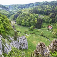 Malownicza dolina Prądnika z krętą rzeką, skalnymi ostańcami i zielonymi lasami. W oddali widać domki.