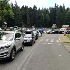 Tłum samochodów na parkingu przy Błędnych Skałach w Kudowie Zdroju, otoczony lasem.