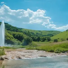 Wodospad i gejzer w bujnej dolinie. Czy to Stara Płanina, jedna z gór w Bułgarii?