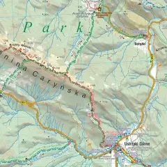 Mapa turystyczna Bieszczad z zaznaczonymi szlakami, schroniskami i punktami widokowymi. Widać Połoninę Caryńską i Bereżki.