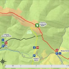 Mapa turystyczna z zaznaczoną trasą do Chatki Puchatka. Widoczne szlaki, schronisko, camping i punkty widokowe.
