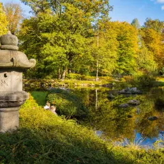Kamienna latarnia w pięknym ogrodzie japońskim, otoczona jesiennymi barwami i spokojną wodą.