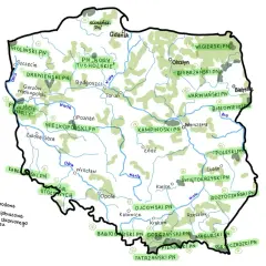 Mapa Polski z zaznaczonymi parkami narodowymi. Ile jest parków narodowych w Polsce? Na mapie widać ich wiele, od Bałtyku po Tatry.