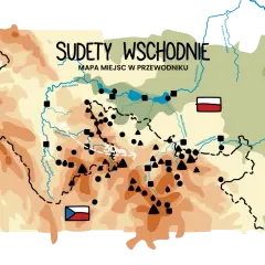 Mapa Sudetów Wschodnich z zaznaczonymi rzekami, miastami i szlakami. Widoczne flagi Polski i Czech.