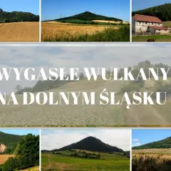 Krajobraz Dolnego Śląska z łagodnymi, zielonymi **górskimi wulkanicznymi** wzniesieniami, polami uprawnymi i tradycyjną architekturą.
