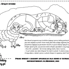 Ilustracja przedstawia owcę i śpiącego rycerza na tle gór. Legenda o Giewoncie, śpiącym rycerzu, opowiada o skarbie wolności.