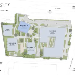 Plan sytuacyjny Skycity Gdynia. Obok Strefy Rekreacji i budynków biurowych, znajdziesz tu atrakcje dla dorosłych, jak park i bliskość morza.