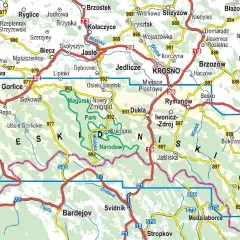 Mapa turystyczna obejmująca Beskid Niski z zaznaczonymi drogami, miejscowościami i szlakami.