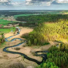 Malowniczy krajobraz z krętą rzeką, lasami i polami. Wspaniały przykład pięknych parków krajobrazowych w Polsce.