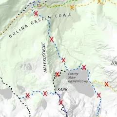 Mapa szlaków turystycznych w Dolinie Gąsienicowej. Widoczne oznaczenia szlaków, jeziora i punkty orientacyjne.