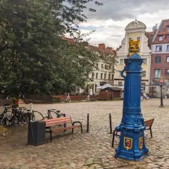 Niebieska fontanna z herbem na brukowanym rynek Szczecin. Drzewo, ławki i rowery tworzą spokojną atmosferę.