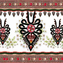 Wzór inspirowany góralską parzenicą, z czarnymi, stylizowanymi ornamentami na tle kwitnących stokrotek i bogatymi haftowanymi pasami.