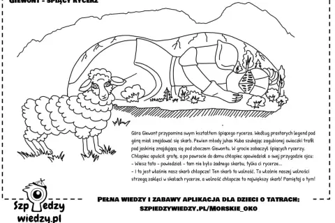 Ilustracja przedstawia owcę i śpiącego rycerza na tle gór. Legenda o Giewoncie, śpiącym rycerzu, opowiada o skarbie wolności.