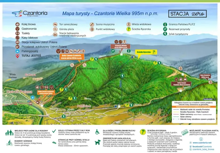 Mapa turystyczna Czantorii z zaznaczonymi szlakami, w tym najładniejszy szlak na Czantorię - Ścieżka Rycerska.