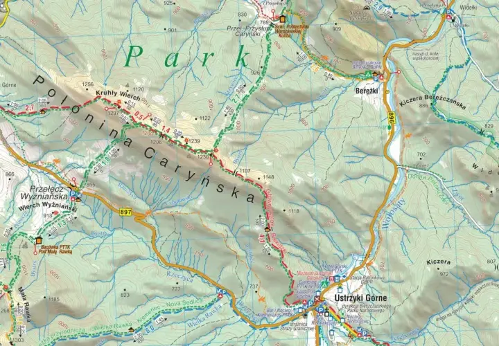 Mapa turystyczna Bieszczad z zaznaczonymi szlakami, schroniskami i punktami widokowymi. Widać Połoninę Caryńską i Bereżki.