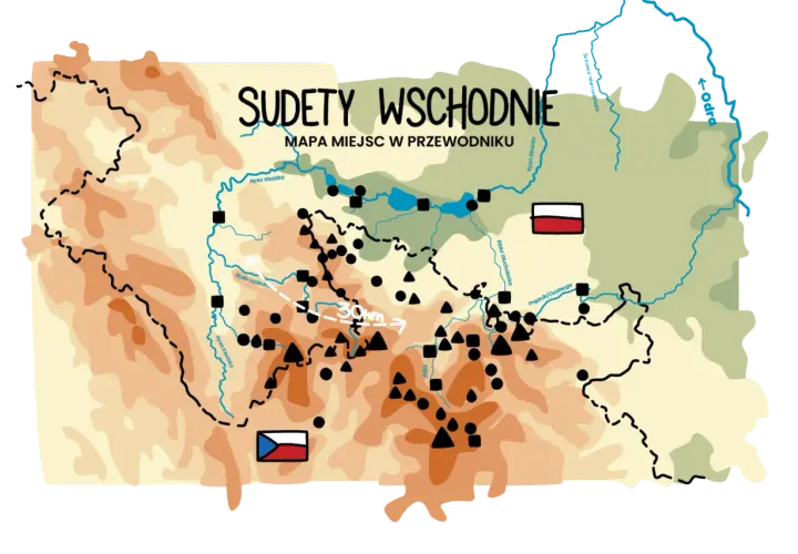 Mapa Sudetów Wschodnich z zaznaczonymi rzekami, miastami i szlakami. Widoczne flagi Polski i Czech.