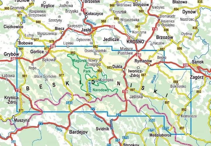 Mapa turystyczna obejmująca Beskid Niski z zaznaczonymi drogami, miejscowościami i szlakami.