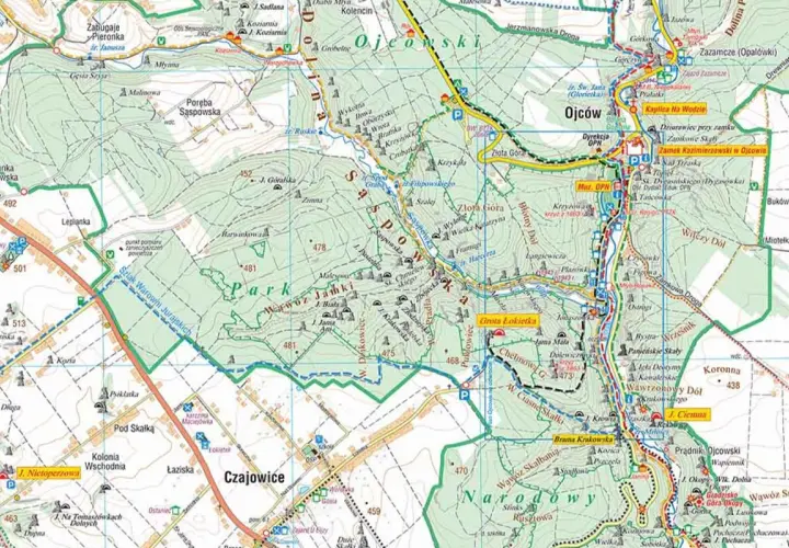 Ojcowski Park Narodowy szlaki czas przejścia: mapa z zaznaczonymi trasami turystycznymi, punktami widokowymi i zabytkami.