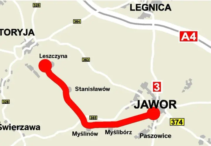 Mapa z zaznaczonym szlakiem wygasłych wulkanów, łączącym Leszczynę z Jaworem, przebiegającym przez Stanisławów. Widać też drogi i miejscowości: Złotoryja, Legnica, Świerzawa.