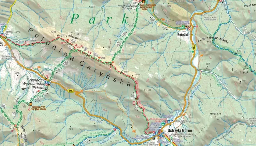 Mapa turystyczna Bieszczad z zaznaczonymi szlakami, schroniskami i punktami widokowymi. Widać Połoninę Caryńską i Bereżki.