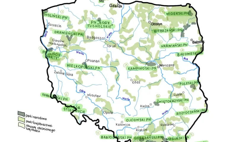 Mapa Polski z zaznaczonymi parkami narodowymi. Ile jest parków narodowych w Polsce? Na mapie widać ich wiele, od Bałtyku po Tatry.