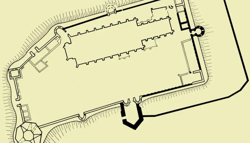 Plan zamku Frombork z widocznymi murami obronnymi, dziedzińcami i budynkami.