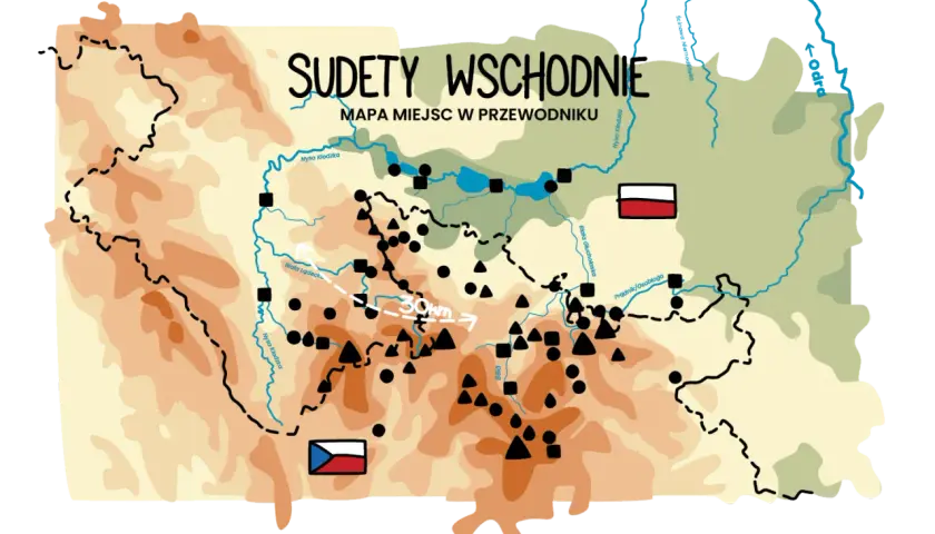 Mapa Sudetów Wschodnich z zaznaczonymi rzekami, miastami i szlakami. Widoczne flagi Polski i Czech.