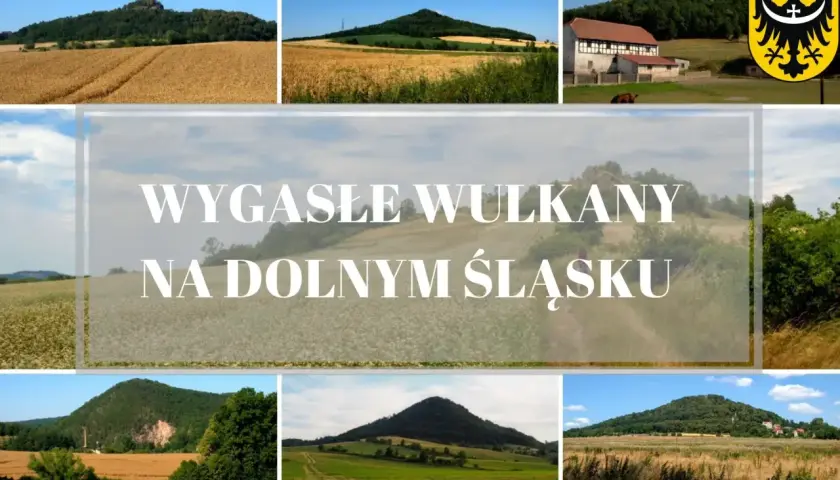 Krajobraz Dolnego Śląska z łagodnymi, zielonymi **górskimi wulkanicznymi** wzniesieniami, polami uprawnymi i tradycyjną architekturą.