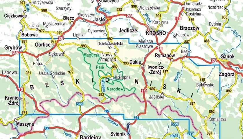 Mapa turystyczna obejmująca Beskid Niski z zaznaczonymi drogami, miejscowościami i szlakami.