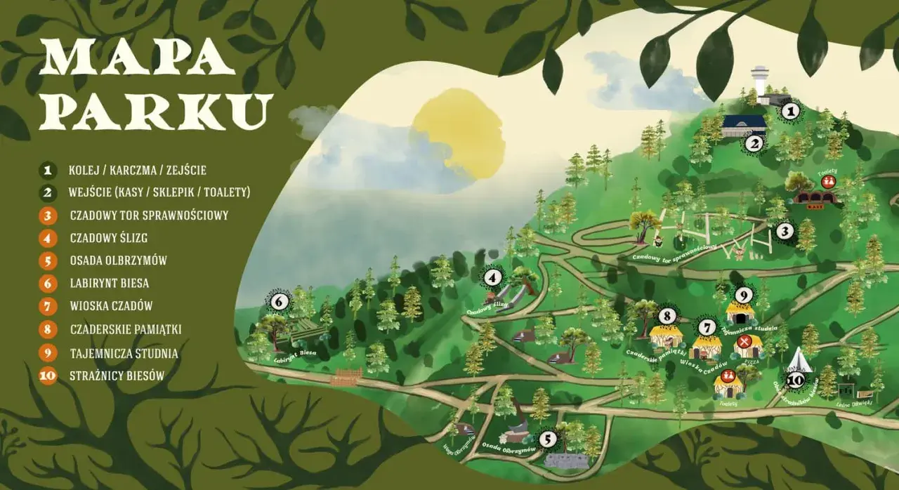 Mapa parku z atrakcjami: kolej, tor sprawnościowy, ślizg, osada olbrzymów, labirynt, wioska czadów, czaderskie pamiątki, tajemnicza studnia. Opinie o parku są pozytywne.
