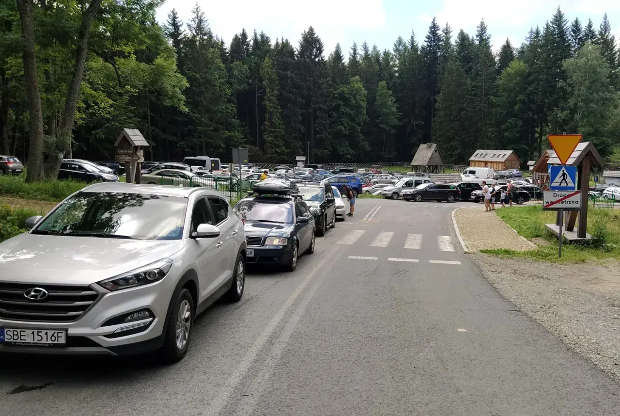 Tłum samochodów na parkingu przy Błędnych Skałach w Kudowie Zdroju, otoczony lasem.