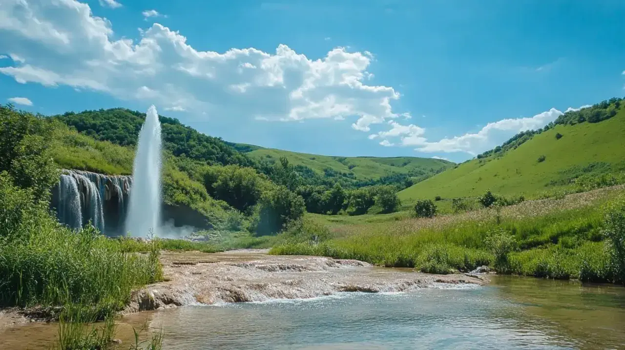 Wodospad i gejzer w bujnej dolinie. Czy to Stara Płanina, jedna z gór w Bułgarii?