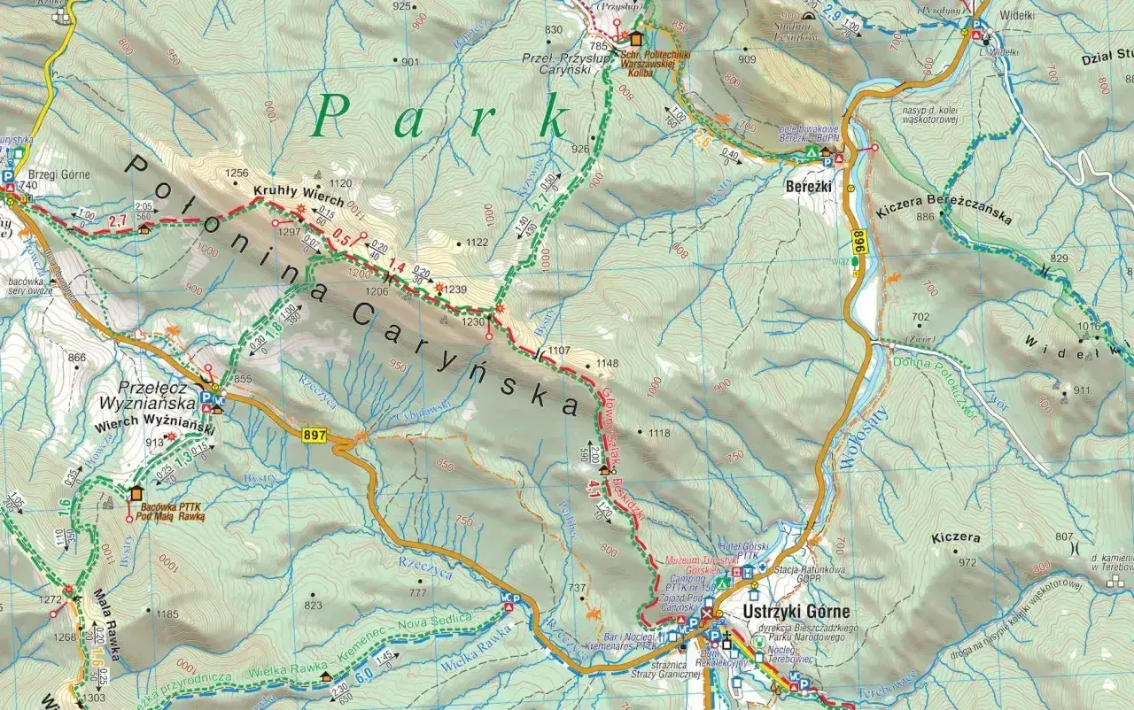 Mapa turystyczna Bieszczad z zaznaczonymi szlakami, schroniskami i punktami widokowymi. Widać Połoninę Caryńską i Bereżki.