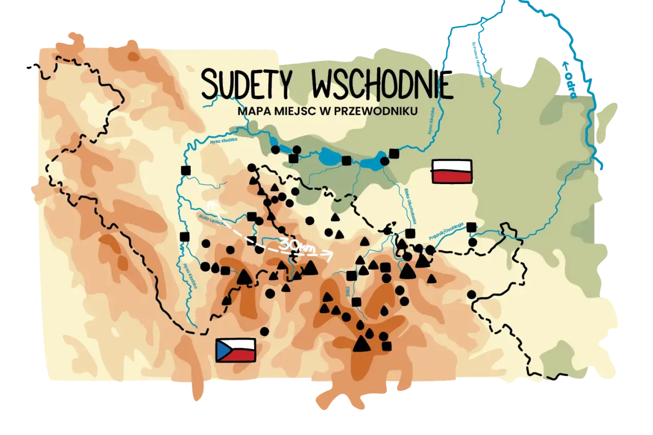 Mapa Sudetów Wschodnich z zaznaczonymi rzekami, miastami i szlakami. Widoczne flagi Polski i Czech.