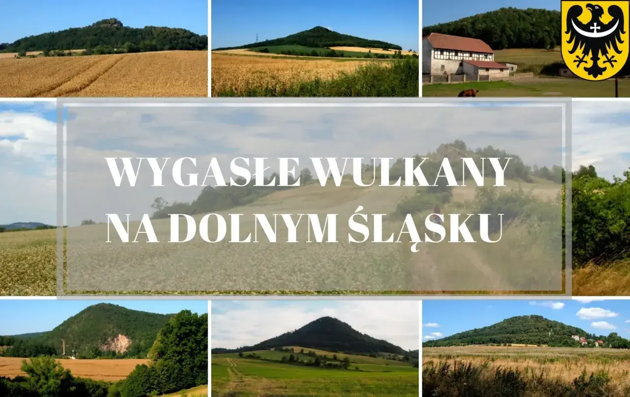 Krajobraz Dolnego Śląska z łagodnymi, zielonymi **górskimi wulkanicznymi** wzniesieniami, polami uprawnymi i tradycyjną architekturą.