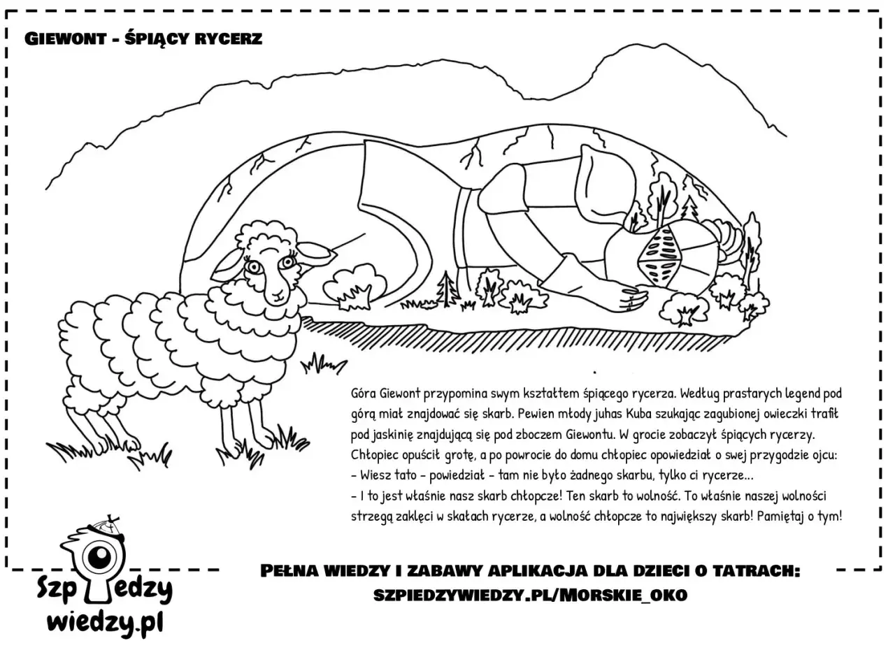 Ilustracja przedstawia owcę i śpiącego rycerza na tle gór. Legenda o Giewoncie, śpiącym rycerzu, opowiada o skarbie wolności.