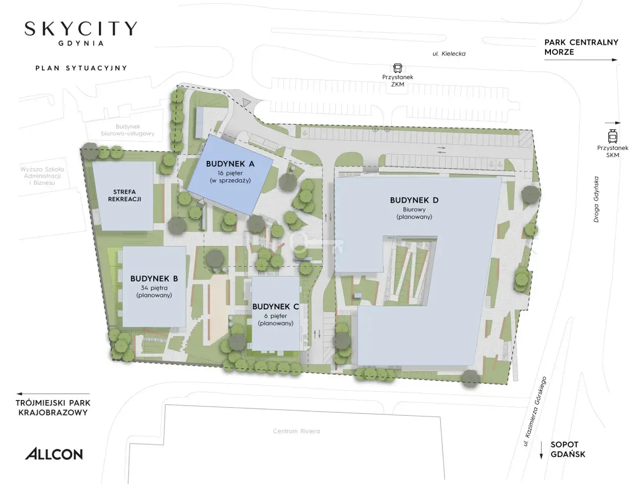Plan sytuacyjny Skycity Gdynia. Obok Strefy Rekreacji i budynków biurowych, znajdziesz tu atrakcje dla dorosłych, jak park i bliskość morza.