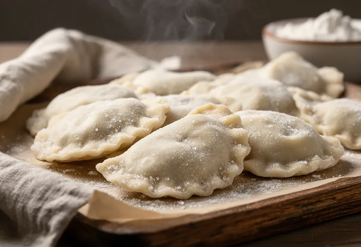 Świeżo ulepione pierogi, gotowe do zamrożenia. Parują, czekając na swój czas. Idealne, by dowiedzieć się, jak mrozić pierogi.