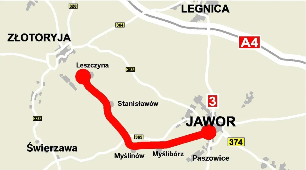 Mapa z zaznaczonym szlakiem wygasłych wulkanów, łączącym Leszczynę z Jaworem, przebiegającym przez Stanisławów. Widać też drogi i miejscowości: Złotoryja, Legnica, Świerzawa.