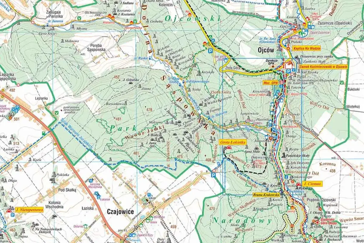 Mapa turystyczna Ojcowski Park Narodowy, gdzie zacząć? Widoczne szlaki, jaskinie, punkty widokowe i miejscowości.