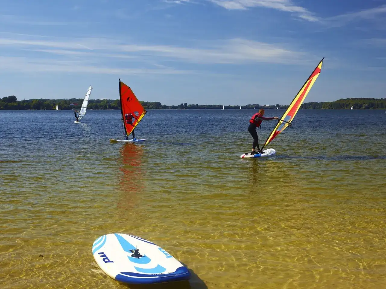 Na jeziorze Pławniowice wiatr napędza żagle windsurferów. Na pierwszym planie deska na płytkiej wodzie.
