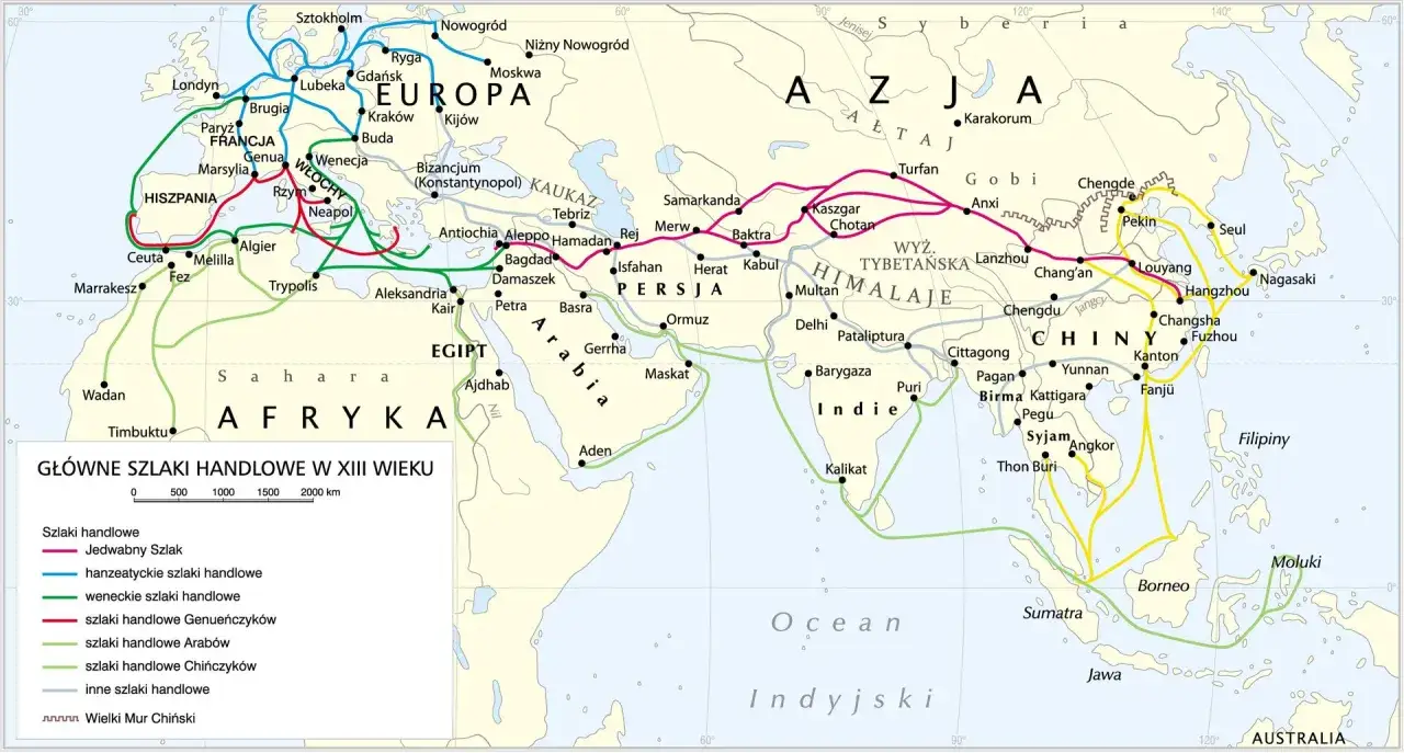 Mapa przedstawia główne szlaki handlowe XIII wieku, w tym Jedwabny Szlak, którym mógł podróżować Marco Polo, przecinający góry Azji.