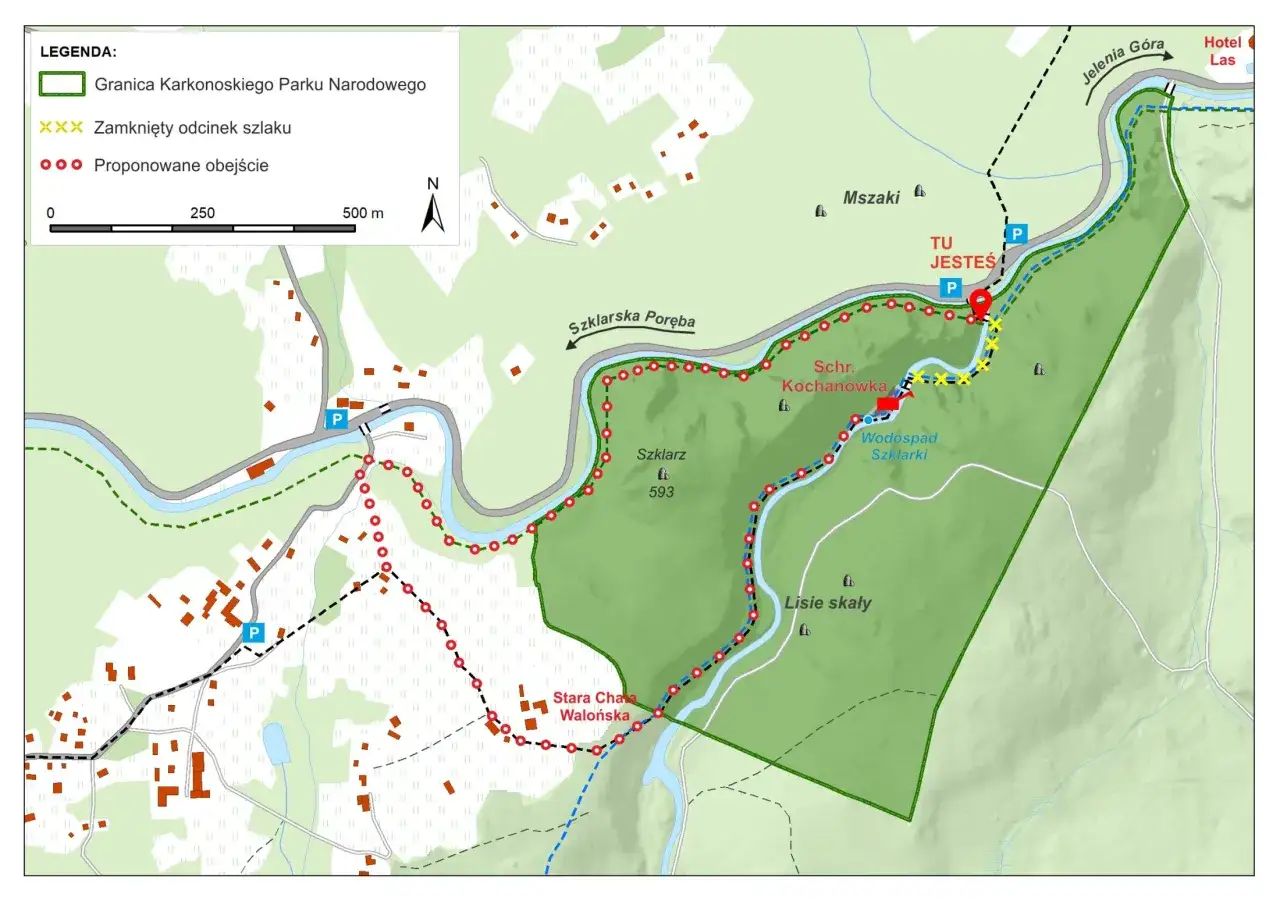 Mapa turystyczna z zaznaczoną trasą do Wodospadu Szklarki. Widoczne parkingi, schronisko i punkty widokowe.